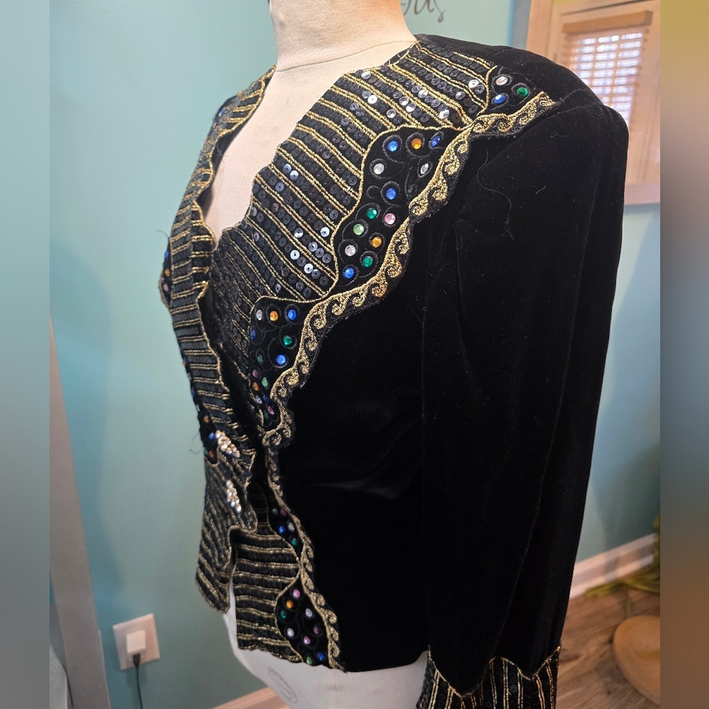 Exquisite Black Velvet Embellished Julie Duroche Jacket - Picture 2 of 9